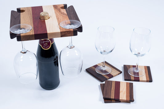 WGH4-1 - Wine Glass Hanger with Matching Coasters (Holds 4 Glasses)