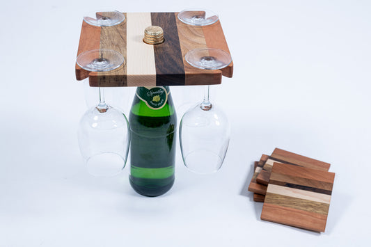 WGH4-4 - Multi-Colored Wine Glass Hanger with Matching Coasters (Holds 4 Glasses)